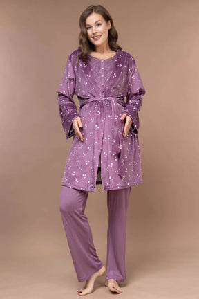 Lace Collar Patterned 3-Piece Maternity-Nursing Pajama & Robe Set Plum - 628