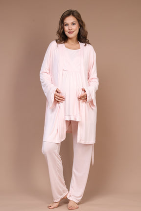 Breastfeeding Detailed 3-Piece Maternity-Nursing Pajama & Robe Set Pink - 632