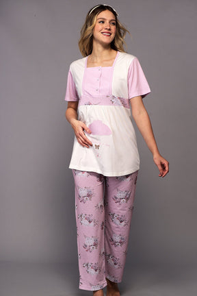 Rainy Love 3-Pieces Maternity & Nursing Pajamas With Robe Pink - 6326