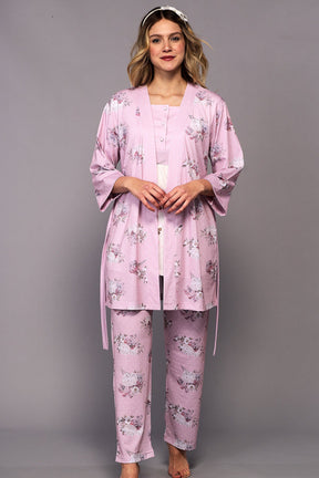 Rainy Love 3-Pieces Maternity & Nursing Pajamas With Robe Pink - 6326