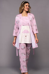 Rainy Love 3-Pieces Maternity & Nursing Pajamas With Robe Pink - 6326