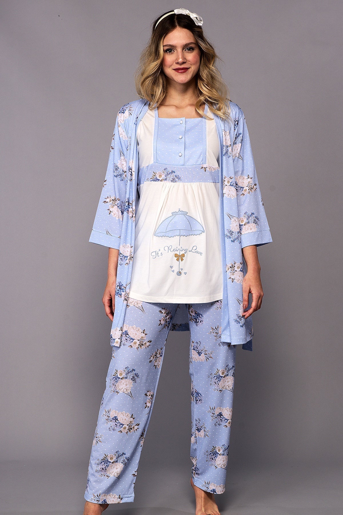 Rainy Love 3-Pieces Maternity & Nursing Pajamas With Robe Blue - 6326