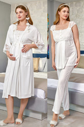 Flower Lacy 3-Pieces Maternity & Nursing Pajamas With Robe Ecru - 644634