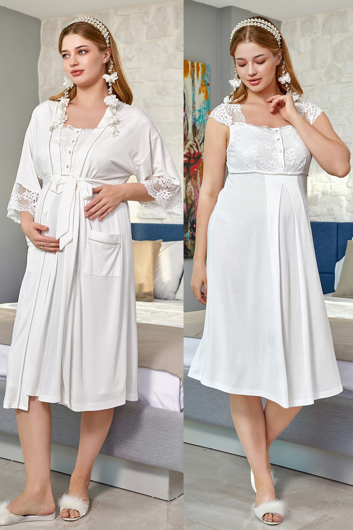 Flower Lacy Maternity & Nursing Nightgown With Robe Ecru - 644643