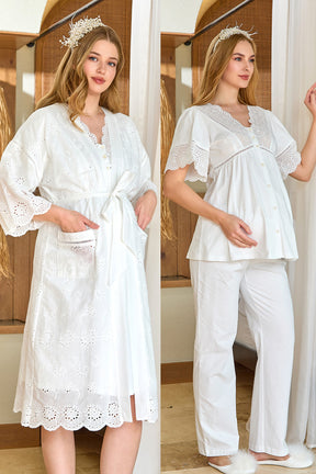 Embroidered Detailed 3-Piece Maternity-Nursing Pajama & Robe Set Ecru - 646648