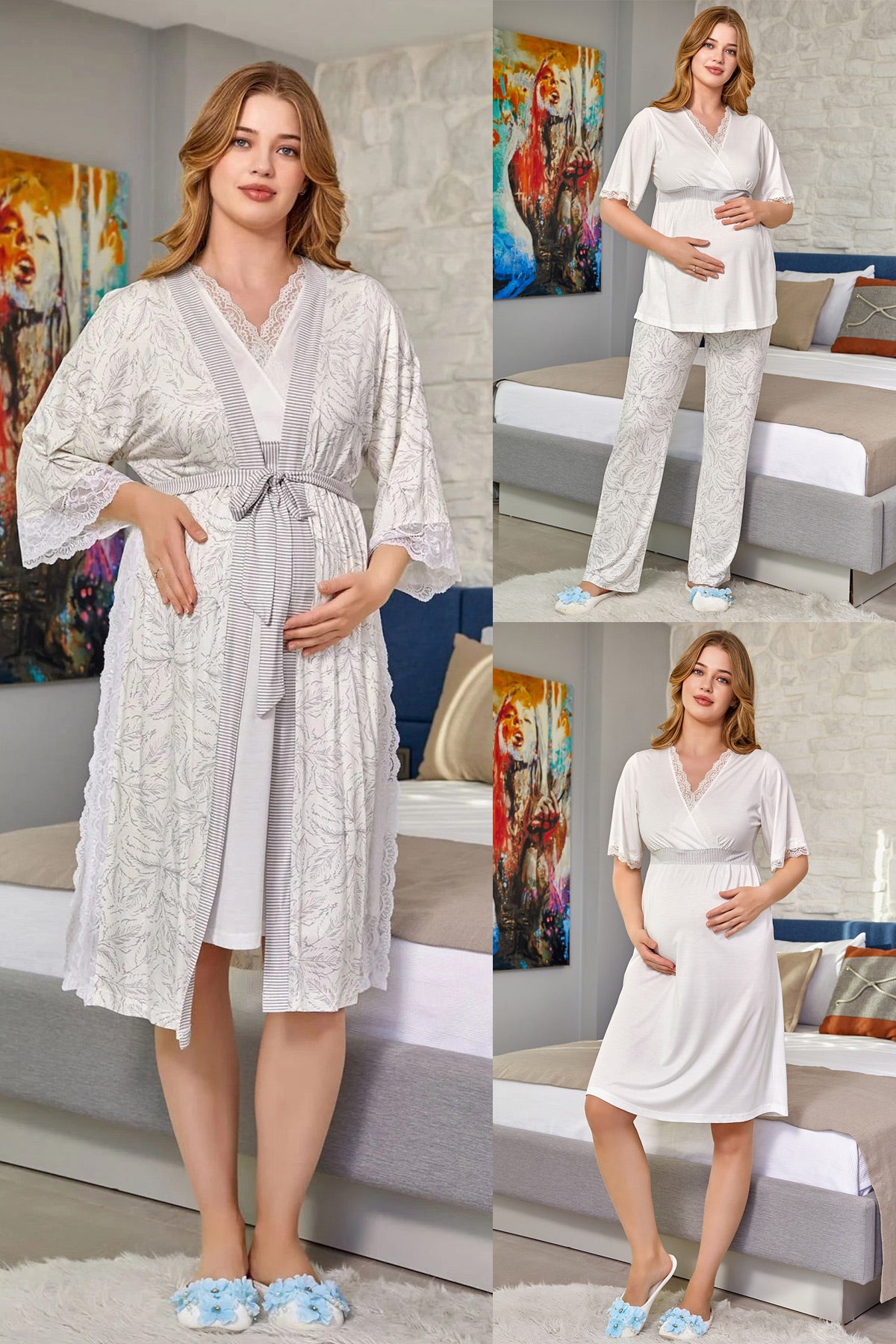 Lace Double Breasted 4 Pieces Maternity & Nursing Set Ecru - 676866