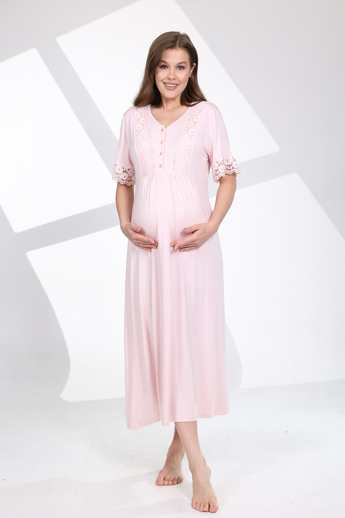 Lace Sleeve Maternity-Nursing Nightgown & Patterned Robe Set Pink - 700