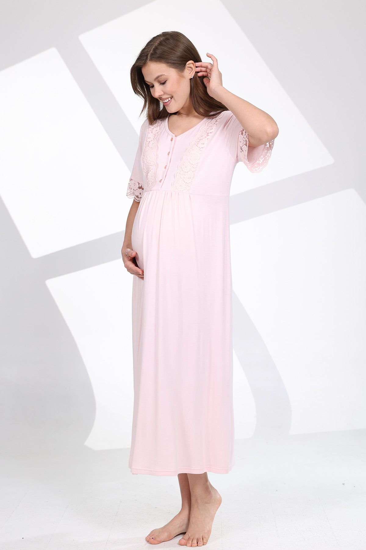 Lace Sleeve Maternity-Nursing Nightgown & Patterned Robe Set Pink - 700