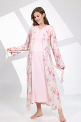 Lace Sleeve Maternity-Nursing Nightgown & Patterned Robe Set Pink - 700