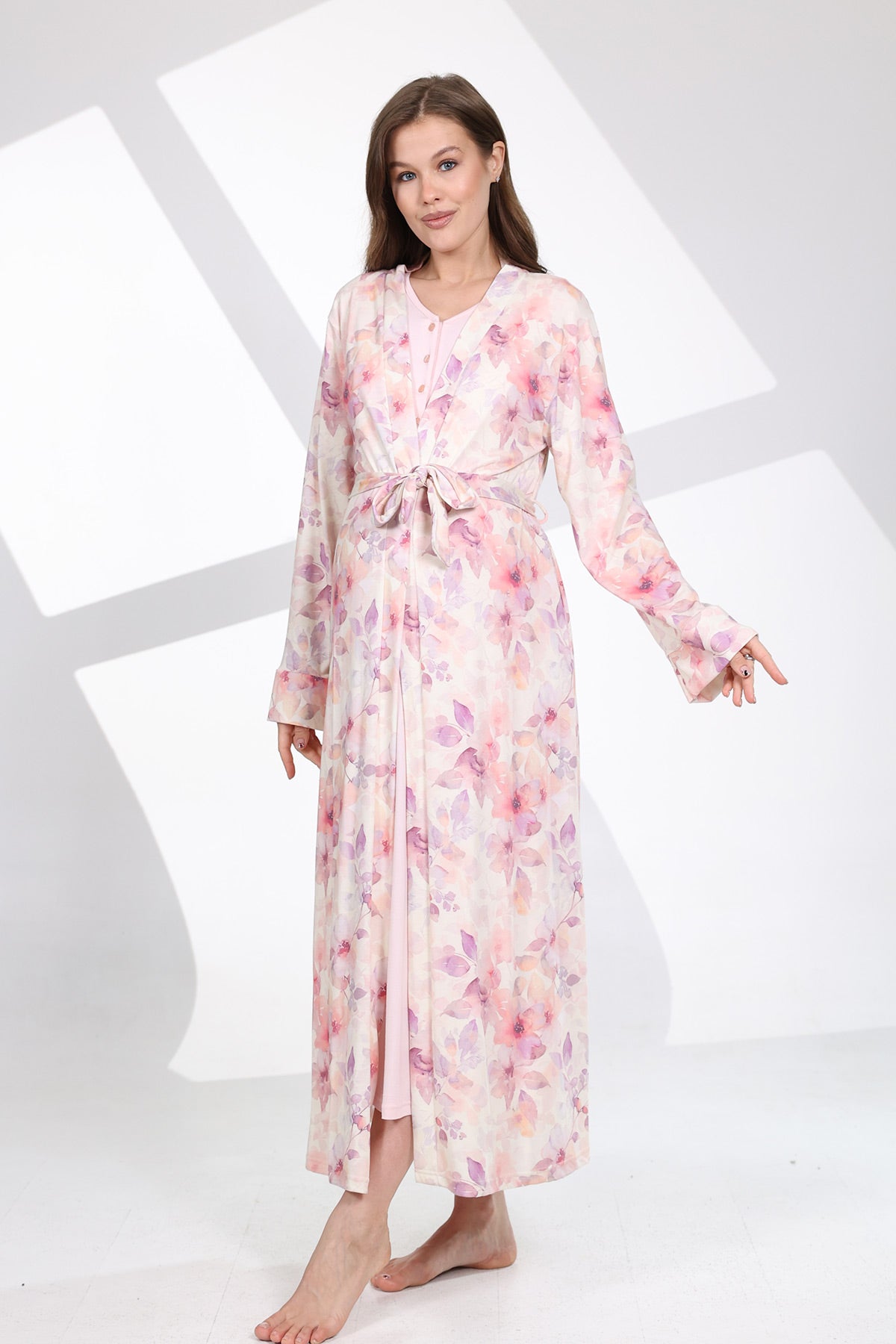 Lace Sleeve Maternity-Nursing Nightgown & Patterned Robe Set Pink - 700