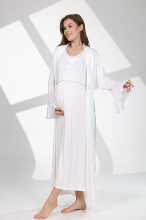 Blue Bias Maternity-Nursing Nightgown & Flywheel Arm Robe Set Ecru - 705