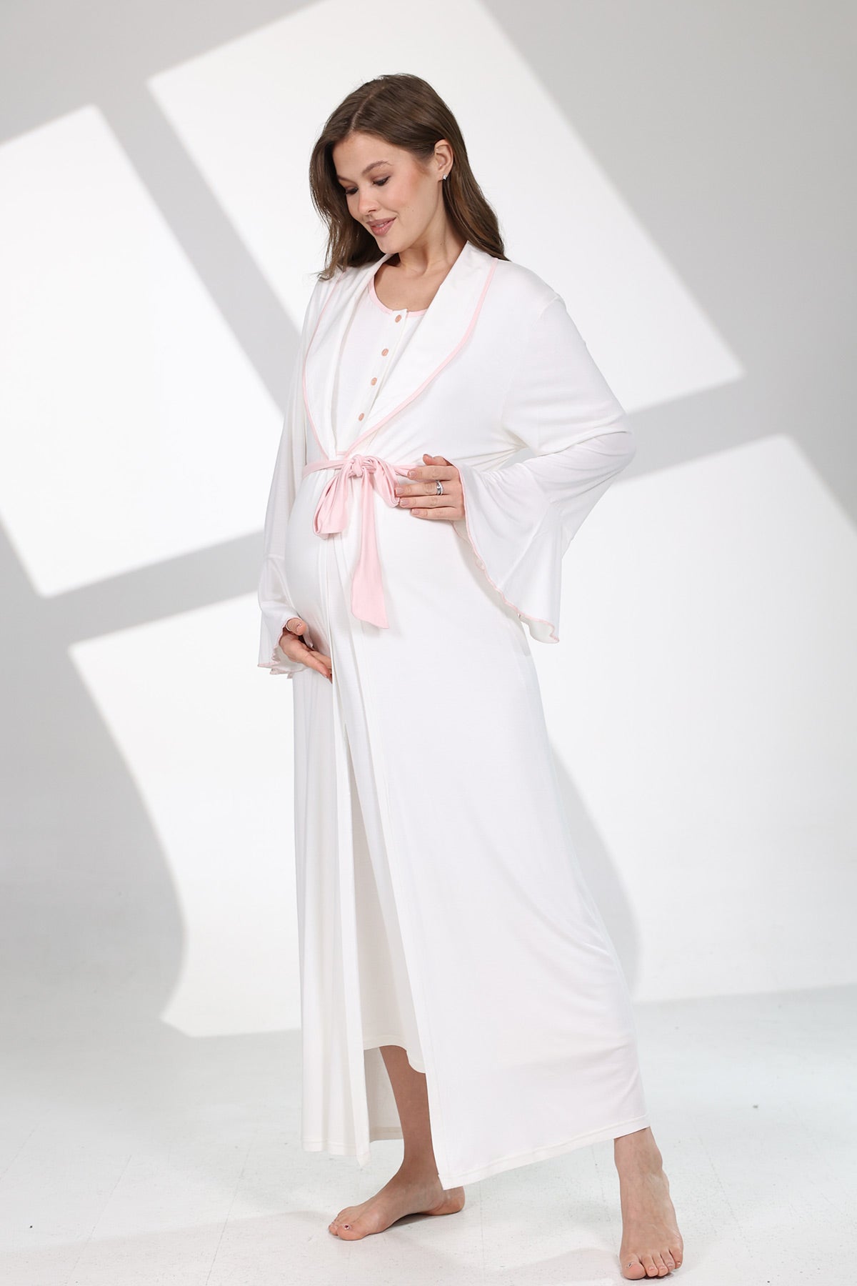 Pink Bias Maternity-Nursing Nightgown & Flywheel Arm Robe Set Ecru - 706