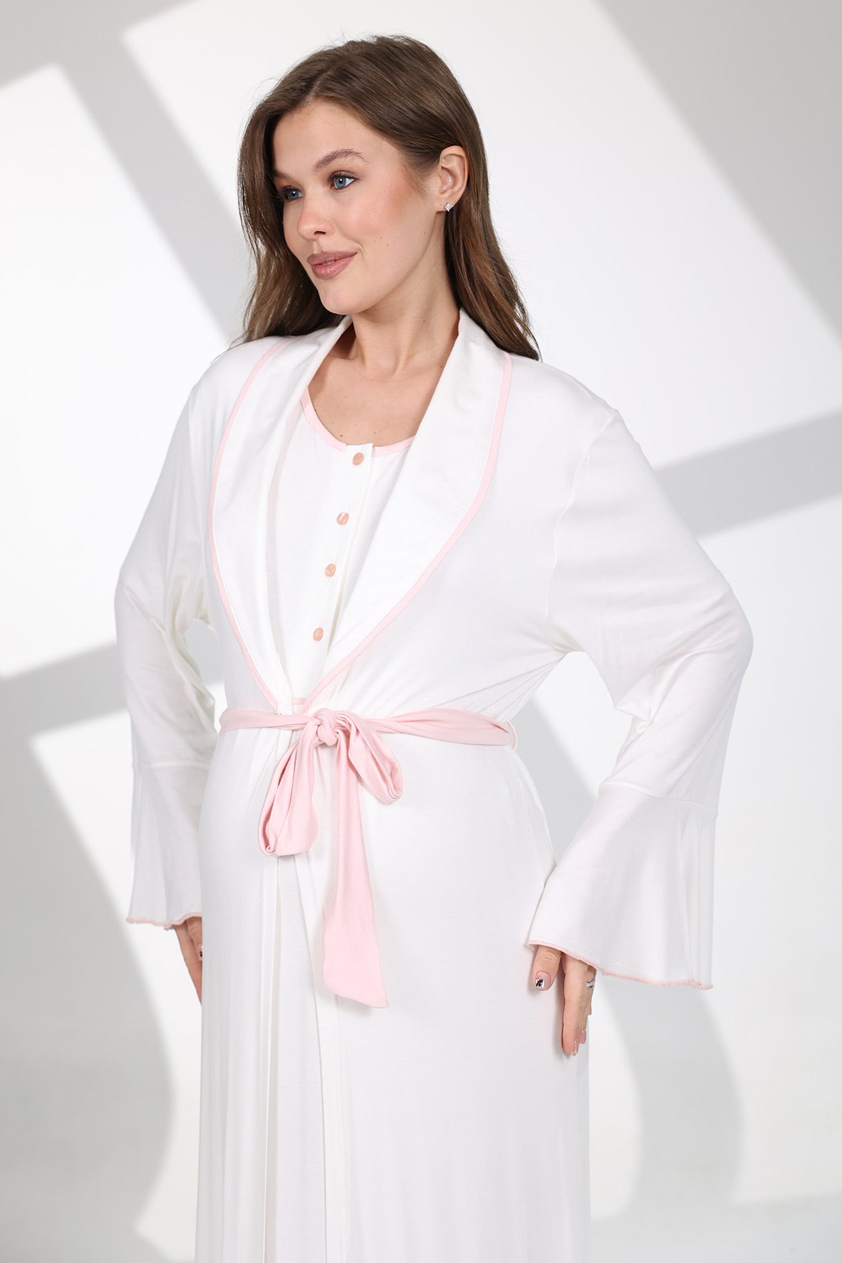 Pink Bias Maternity-Nursing Nightgown & Flywheel Arm Robe Set Ecru - 706