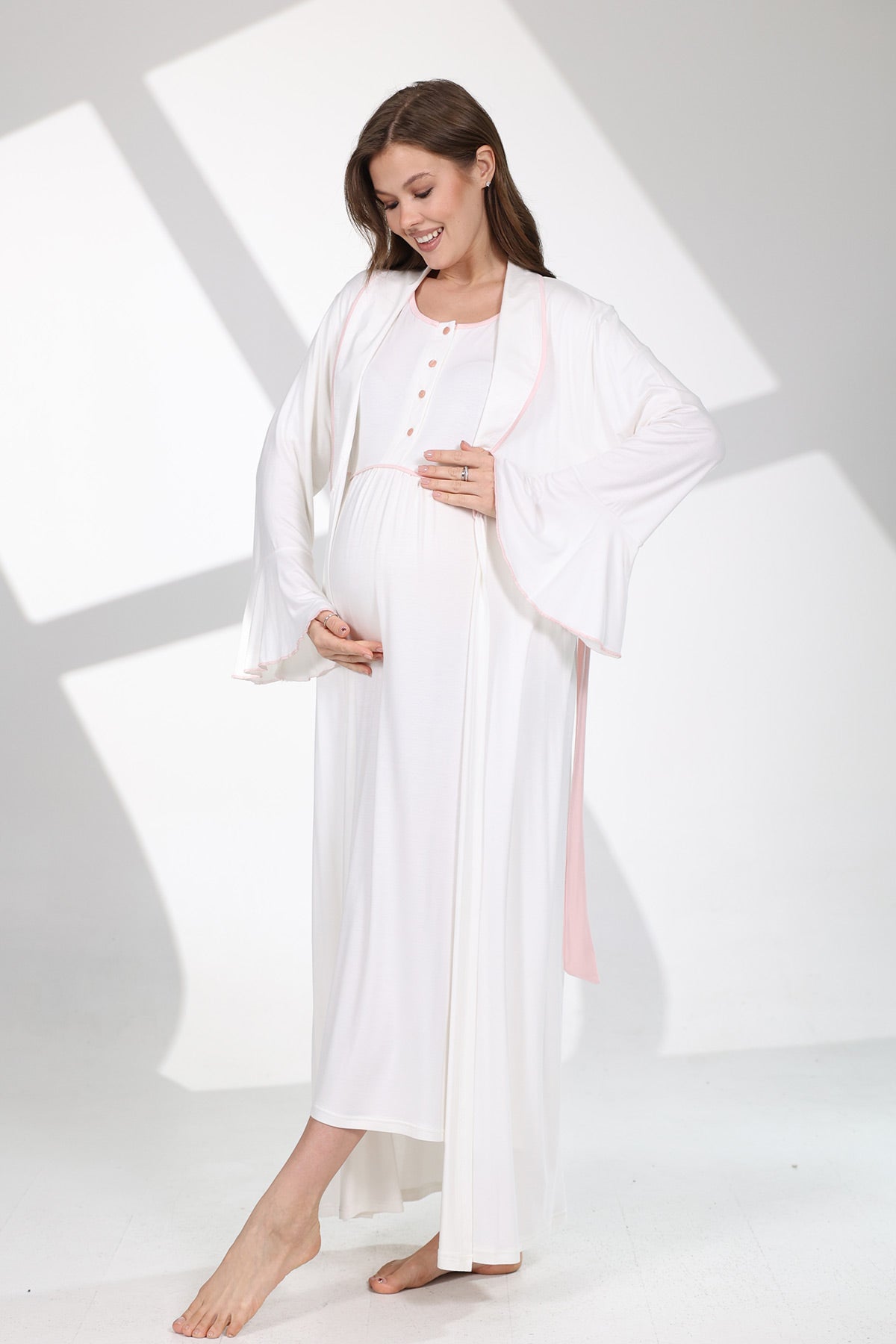 Pink Bias Maternity-Nursing Nightgown & Flywheel Arm Robe Set Ecru - 706