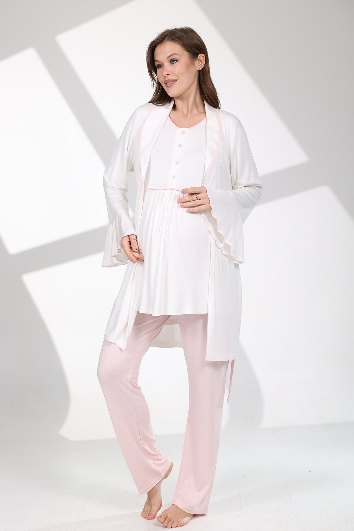 Pink Bias 3-Piece Maternity-Nursing Pajama & Flywheel Arm Robe Set Pink - 709