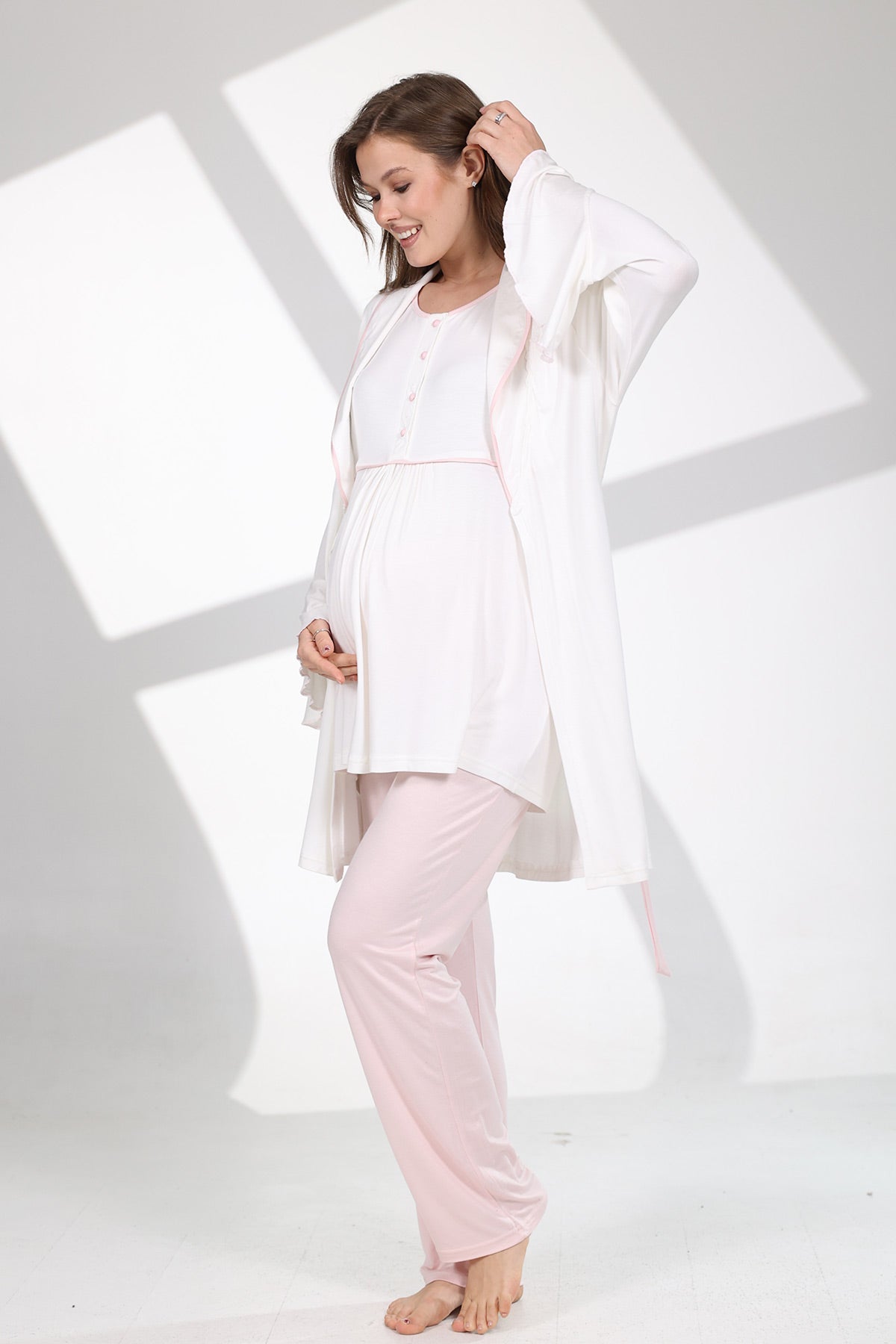 Pink Bias 3-Piece Maternity-Nursing Pajama & Flywheel Arm Robe Set Pink - 709