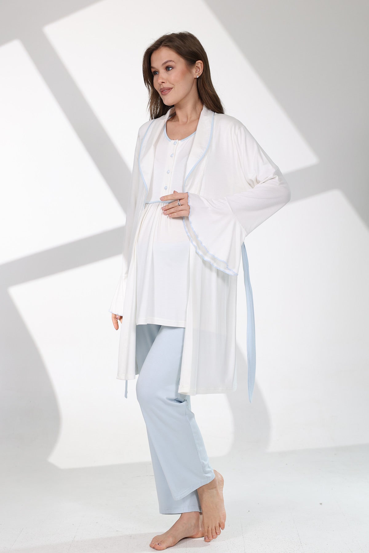 Blue Bias 3-Piece Maternity-Nursing Pajama & Flywheel Arm Robe Set Blue - 710