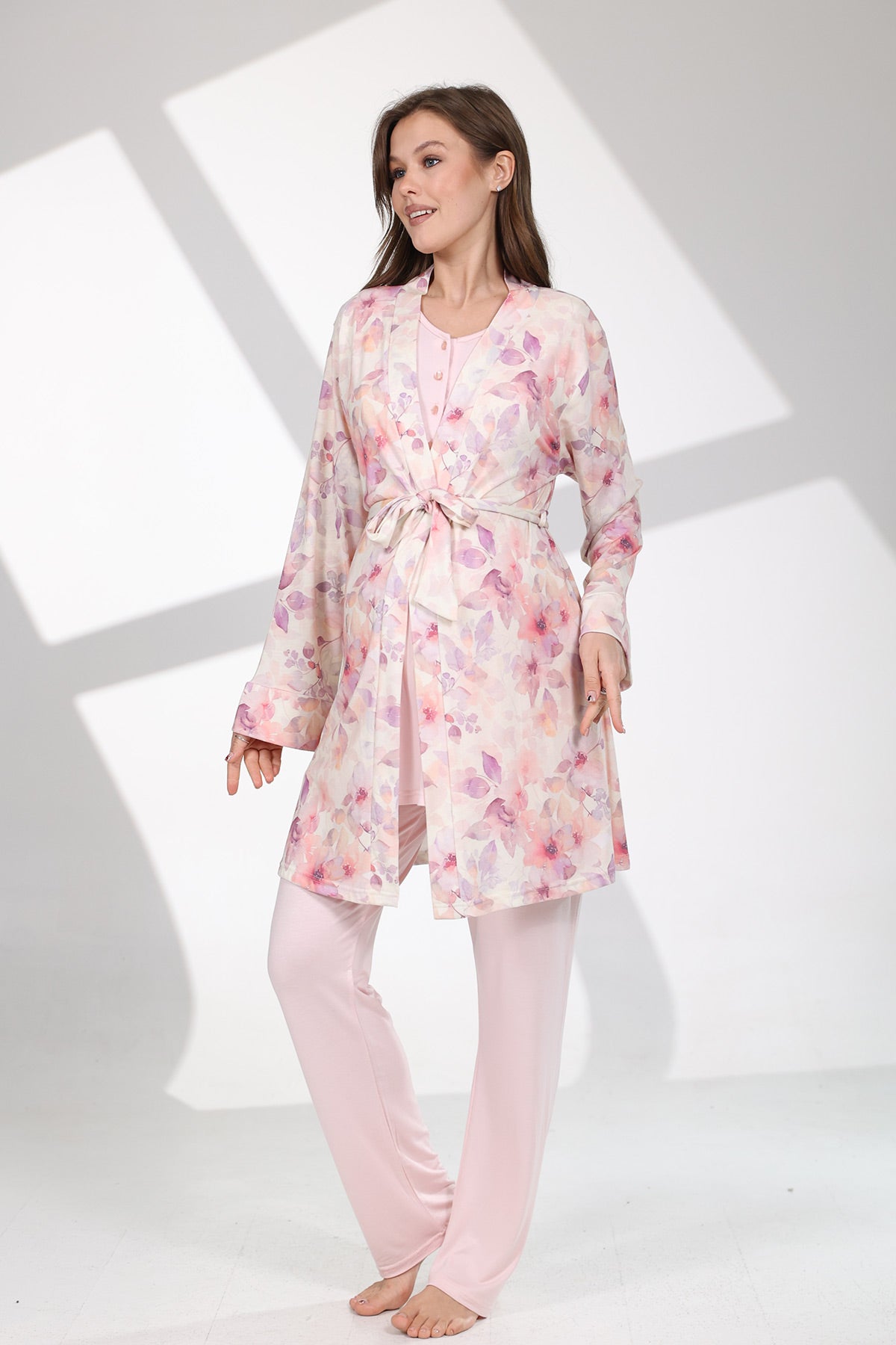 Lace Sleeve 3-Piece Maternity-Nursing Pajama & Patterned Robe Set Pink - 715