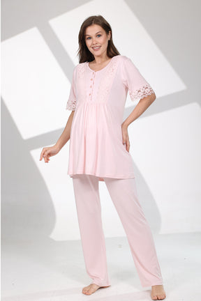 Lace Sleeve 3-Piece Maternity-Nursing Pajama & Patterned Robe Set Pink - 715