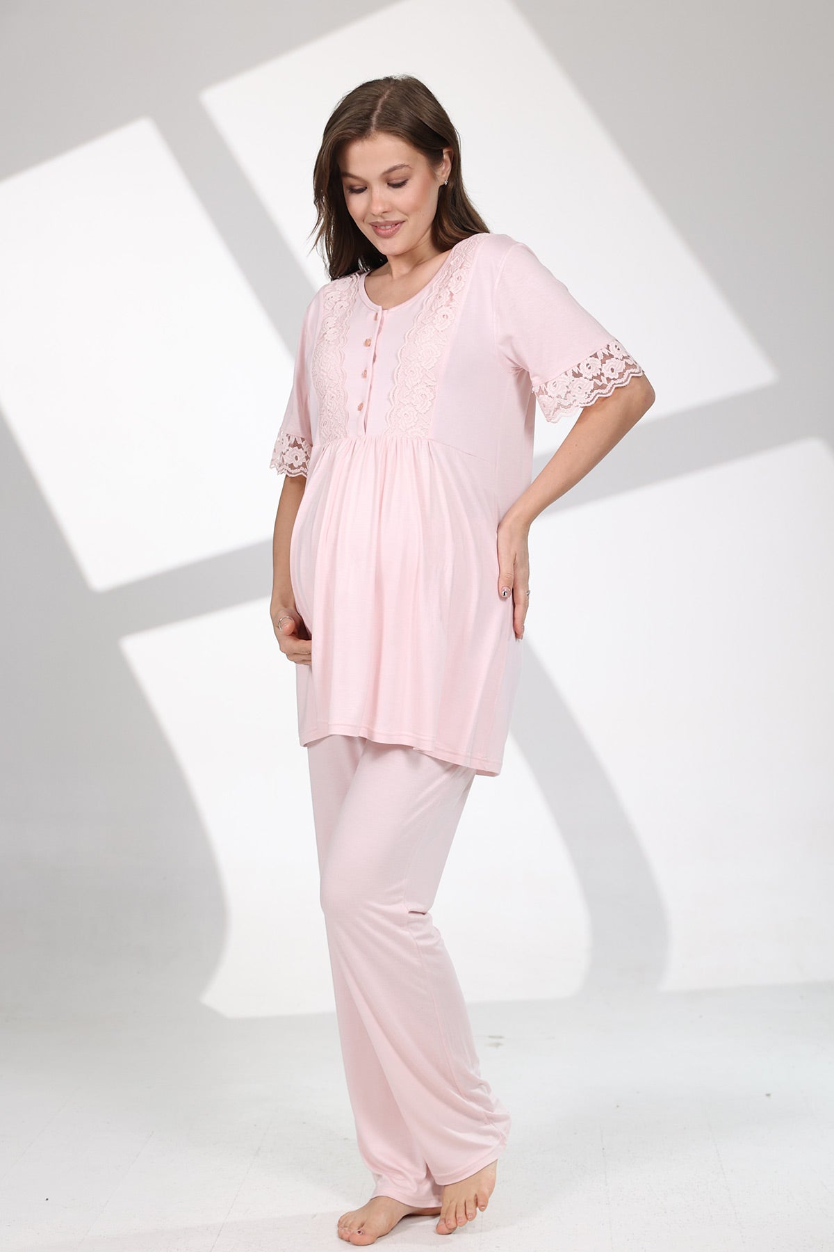 Lace Sleeve 3-Piece Maternity-Nursing Pajama & Patterned Robe Set Pink - 715