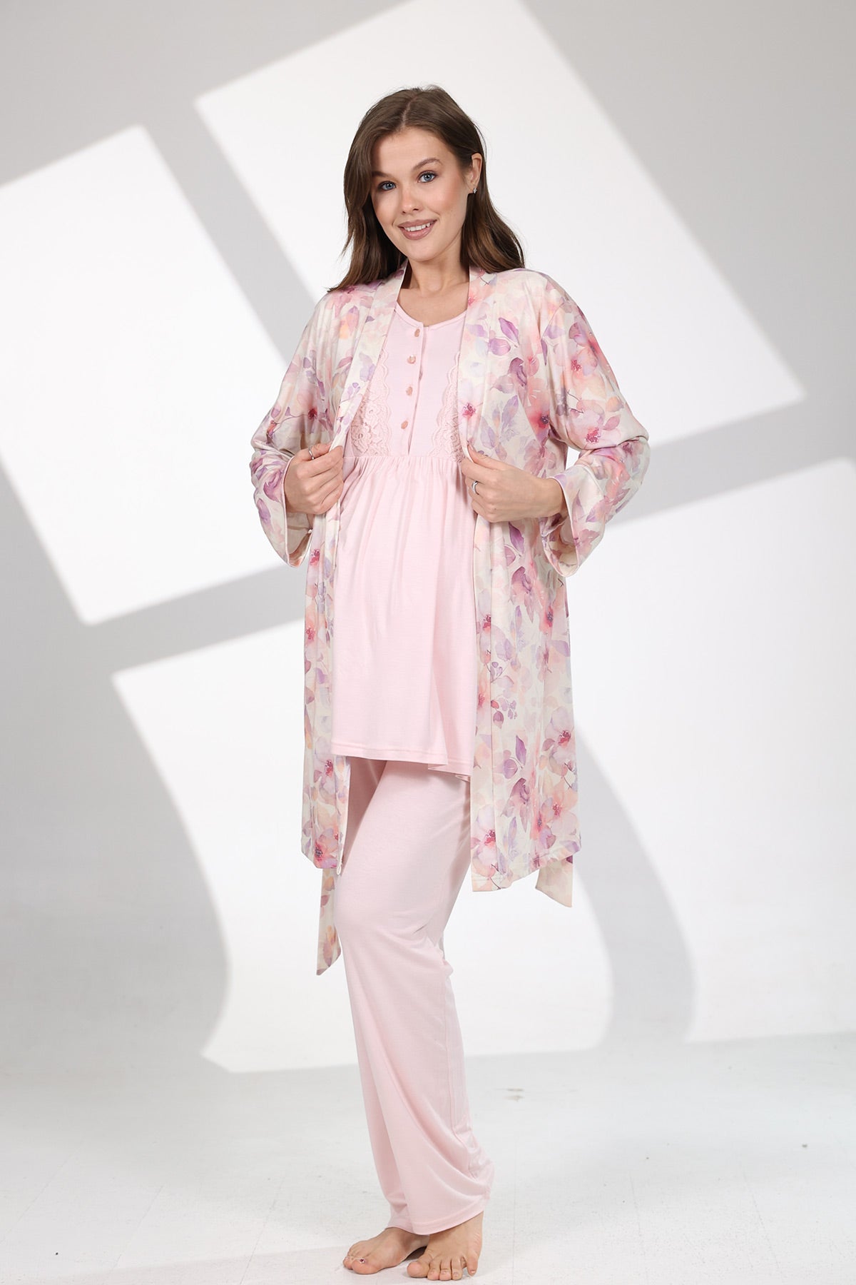 Lace Sleeve 3-Piece Maternity-Nursing Pajama & Patterned Robe Set Pink - 715