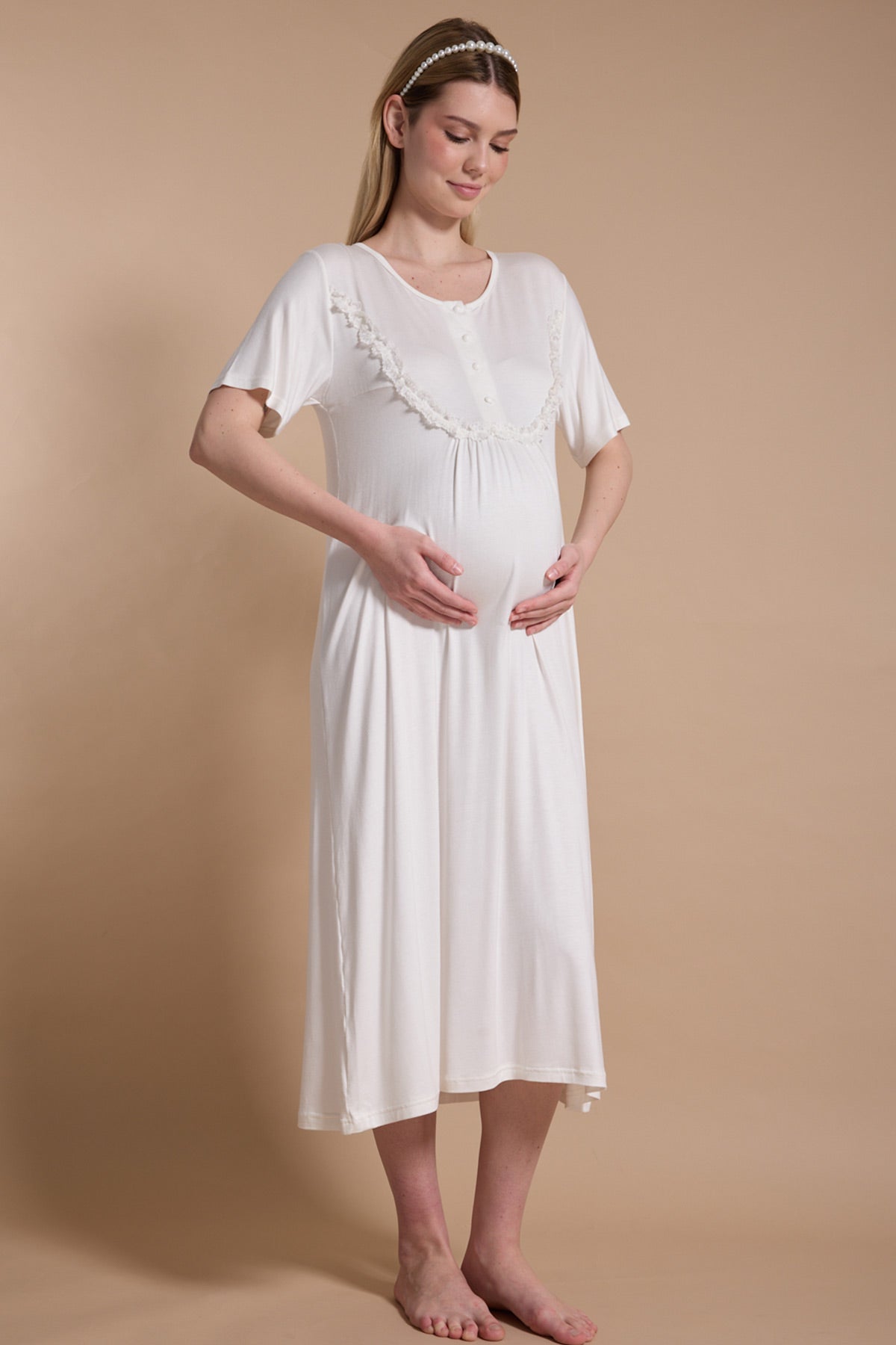 Lacy Panel Maternity-Nursing Nightgown & Jacquard Robe Set Ecru - 716