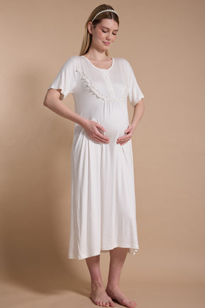 Lacy Panel Maternity-Nursing Nightgown & Jacquard Robe Set Ecru - 716