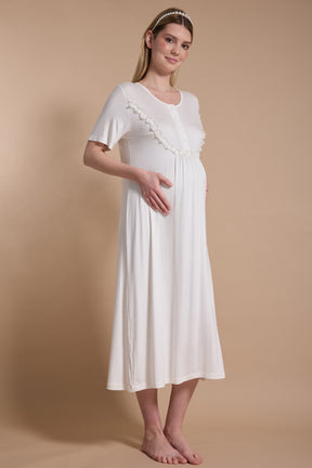 Lacy Panel Maternity-Nursing Nightgown & Jacquard Robe Set Ecru - 716