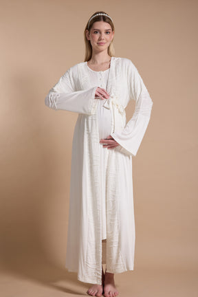 Lacy Panel Maternity-Nursing Nightgown & Jacquard Robe Set Ecru - 716