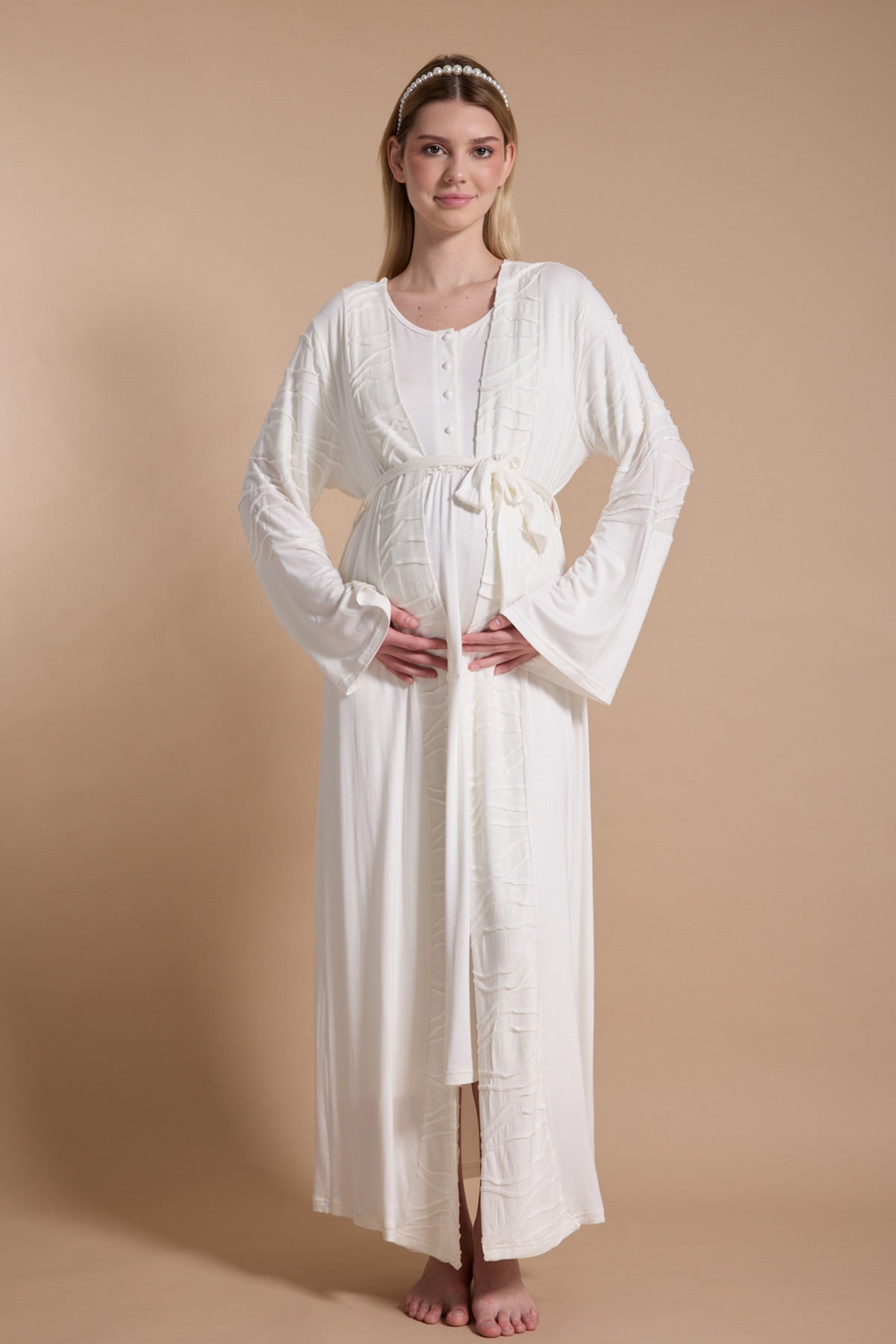 Lacy Panel Maternity-Nursing Nightgown & Jacquard Robe Set Ecru - 716