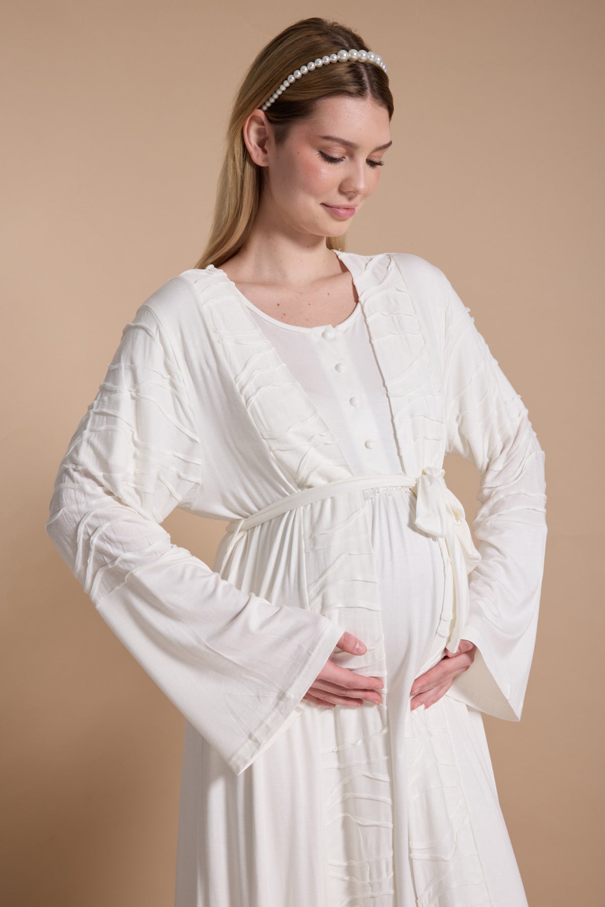 Lacy Panel Maternity-Nursing Nightgown & Jacquard Robe Set Ecru - 716