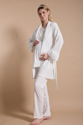 Embroidered 3-Piece Maternity-Nursing Pajama & Robe Set Ecru - 717