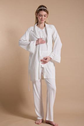 Embroidered 3-Piece Maternity-Nursing Pajama & Robe Set Ecru - 717