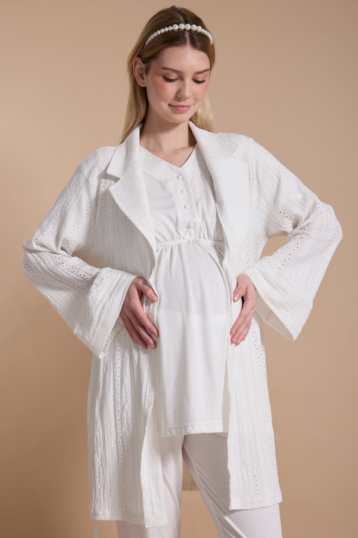 Embroidered 3-Piece Maternity-Nursing Pajama & Robe Set Ecru - 717