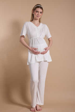 Embroidered 3-Piece Maternity-Nursing Pajama & Robe Set Ecru - 717