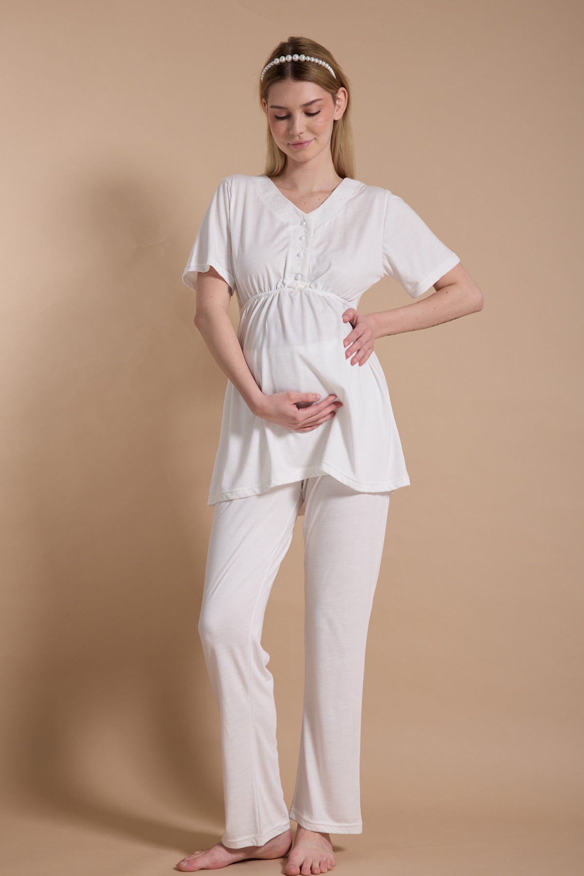 Embroidered 3-Piece Maternity-Nursing Pajama & Robe Set Ecru - 717