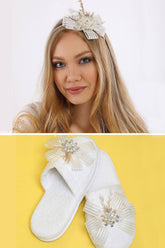 Wheat Blossom Postpartum And Bride Crown & Slippers Set Ecru - 919505