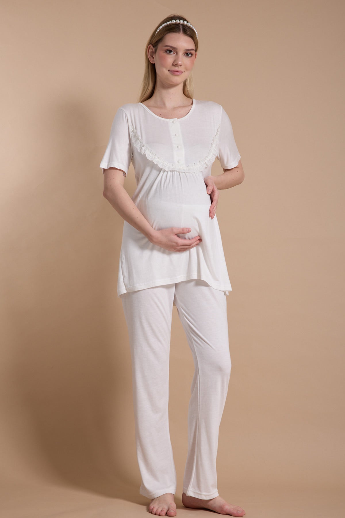 Lacy Panel 3-Piece Maternity-Nursing Pajama & Jacquard Robe Set Ecru - 718