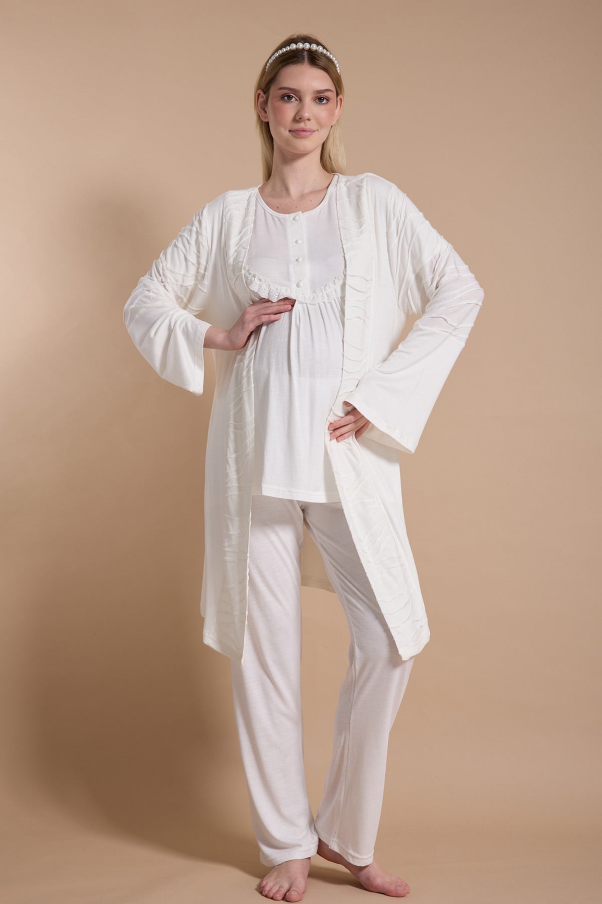 Lacy Panel 3-Piece Maternity-Nursing Pajama & Jacquard Robe Set Ecru - 718