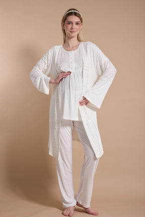 Lacy Panel 3-Piece Maternity-Nursing Pajama & Jacquard Robe Set Ecru - 718