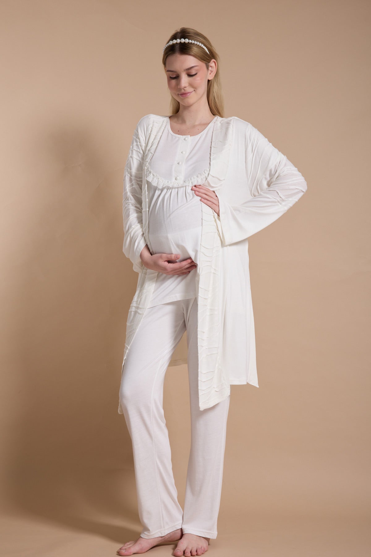 Lacy Panel 3-Piece Maternity-Nursing Pajama & Jacquard Robe Set Ecru - 718