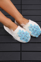 Violet Flowered Postpartum And Bridal Slippers Turquoise - 9503