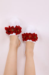 Water Lily Flowered Postpartum And Bridal Slippers Red - 9504