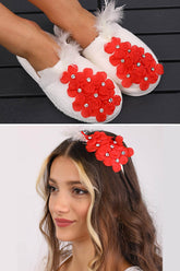 Violet Flowered Postpartum And Bride Crown & Slippers Set Red - 919503