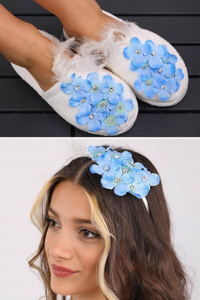 Violet Flowered Postpartum And Bride Crown & Slippers Set Blue - 919503