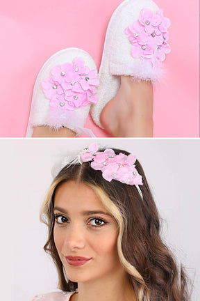 Violet Flowered Postpartum And Bride Crown & Slippers Set Pink - 919503