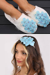 Violet Flowered Postpartum And Bride Crown & Slippers Set Turquoise - 919503