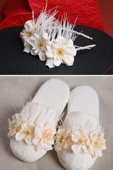 Water Lily Flowered Postpartum And Bride Crown & Slippers Set Ecru - 919504