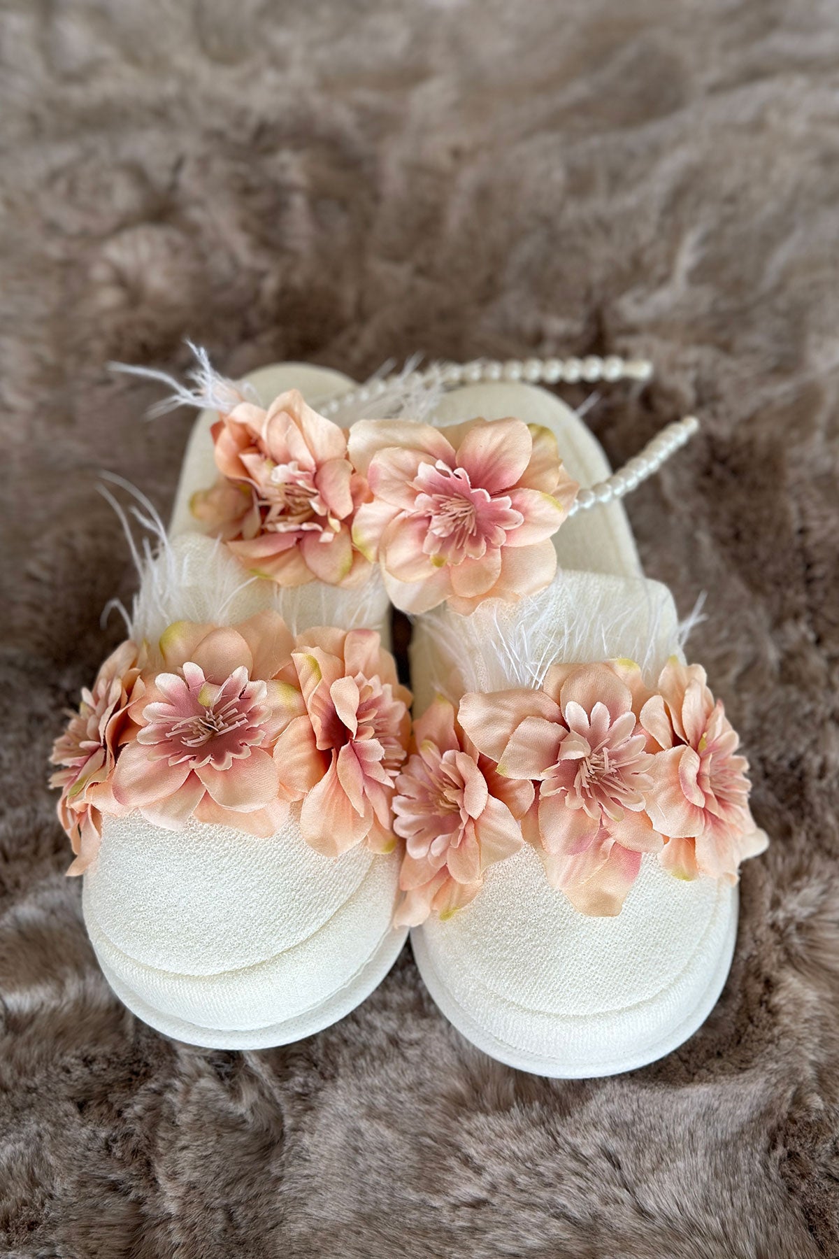 Water Lily Flowered Postpartum And Bride Crown & Slippers Set Salmon - 919504
