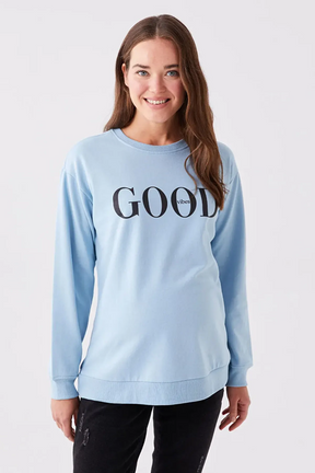 Crew Neck Printed Long Sleeve Maternity Sweatshirt Blue - 8059